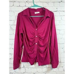 Zenana‎ Button Down Top Ruched Front Long Sleeve Blouse Raspberry Size L